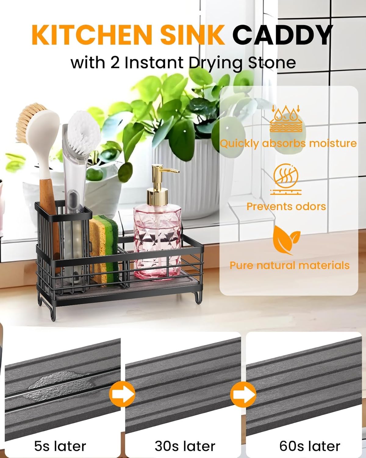 Kitchen Sink Caddy with Water Absorbent Diatomite Stone Sink Tray