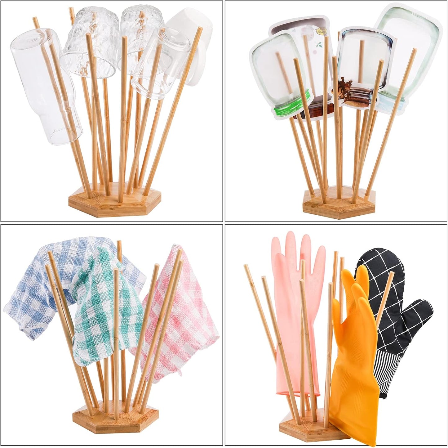 Set of 2 Plastic Bag and Bottle Drying Racks, Bamboo Dryer Rack Stand with 12 Sticks