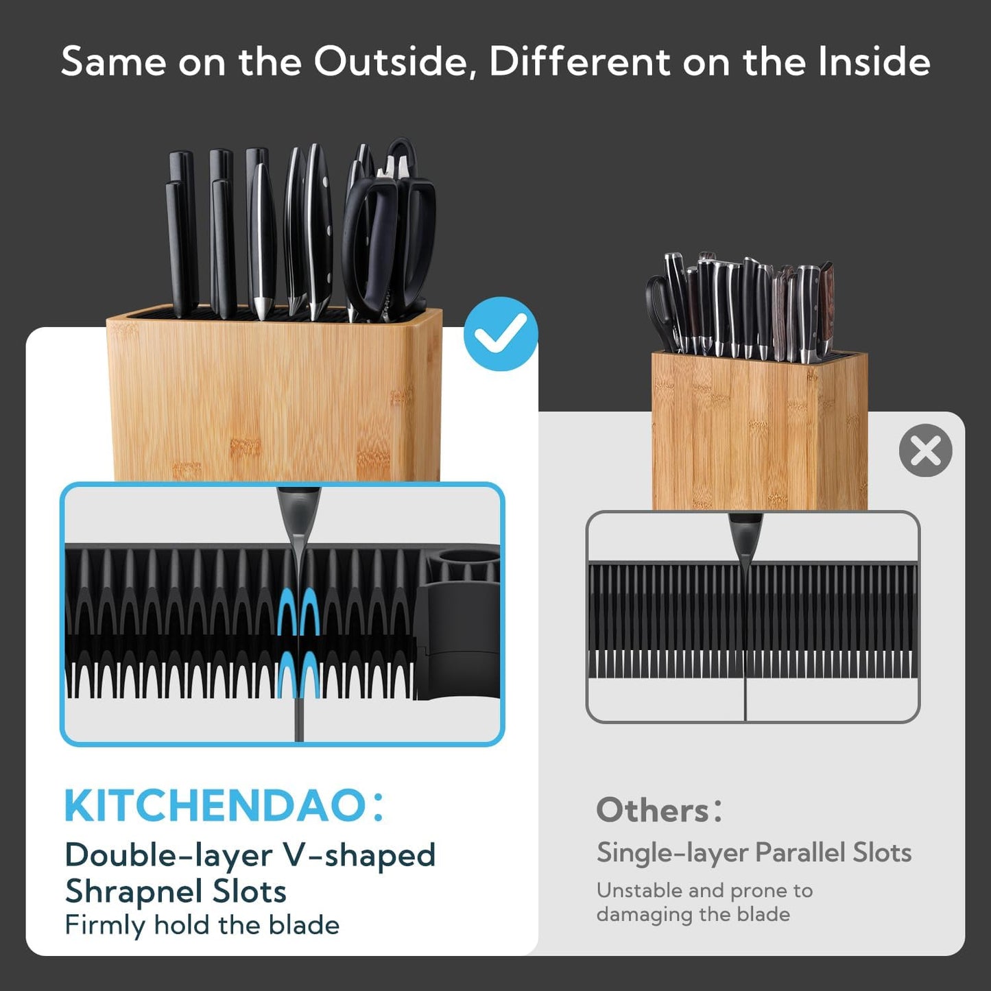 XL Bamboo Universal Knife Block Holder with Slots for Scissors and Sharpening Rod, Safe