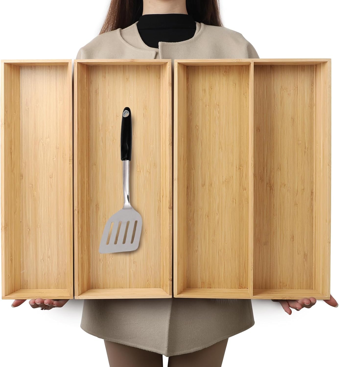 V-Shaped 3-Pack 19.6" Long Bamboo Drawer Organizer Box