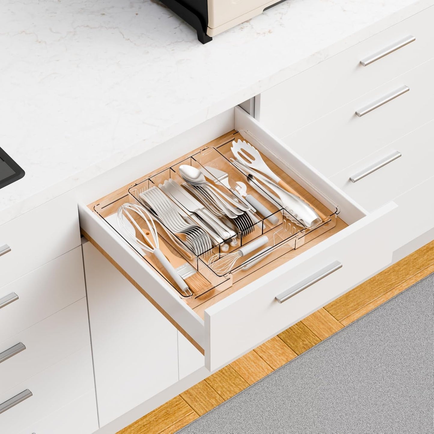Clear Expandable Silverware Drawer Organizer,9.4-15.6In Adjustable Silverware Tray for Drawer,Acrylic Kitchen Utensil Drawer Organizer for Cutlery,Flatware Organizers and Fork and Spoon Holder