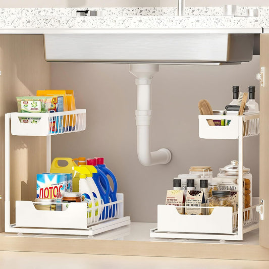 Under Kitchen Sink Organizers and Storage Pull Out 2 Tier Metal Bathroom Cabinet Organizer (White