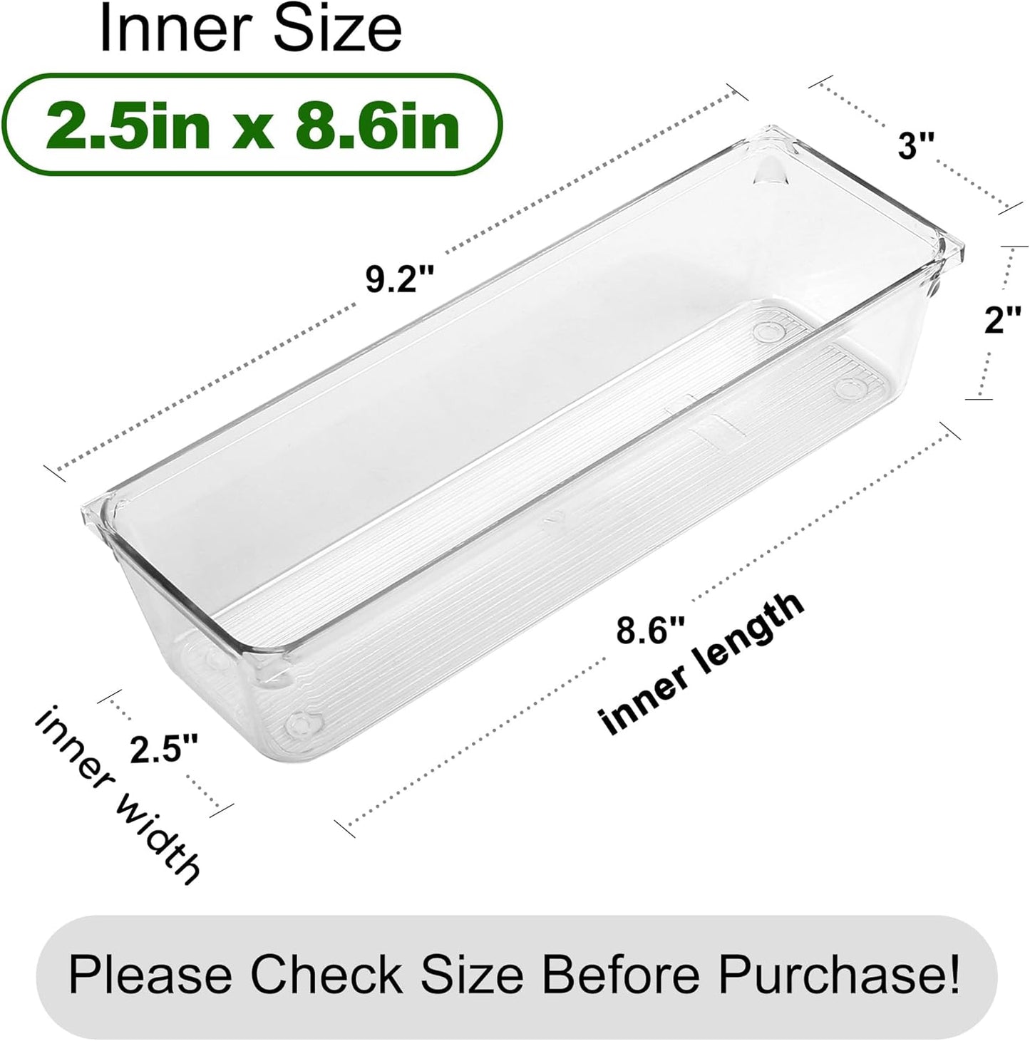 8 Pack Clear Plastic Drawer Organizers, 9.2''×3''×2'', Food Grade Storage Trays