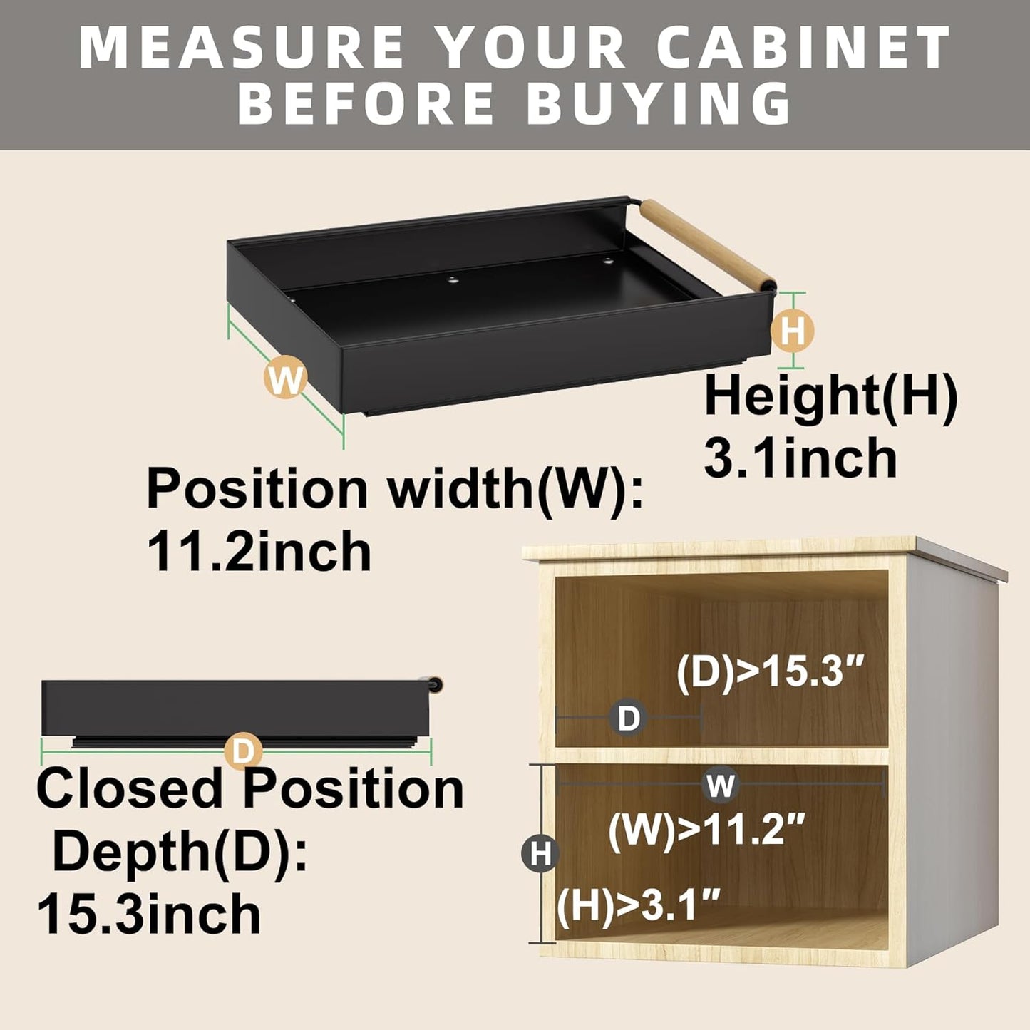 Pull Out Cabinet Organizer, 15.3'' Deep Expandable Slide Out Cabinet Organizer Fixed with Adhesive Nano Film, Slide Out Drawers Pull Out Tray for Cabinet in Kitchen, Pantry, Bathroom, Black