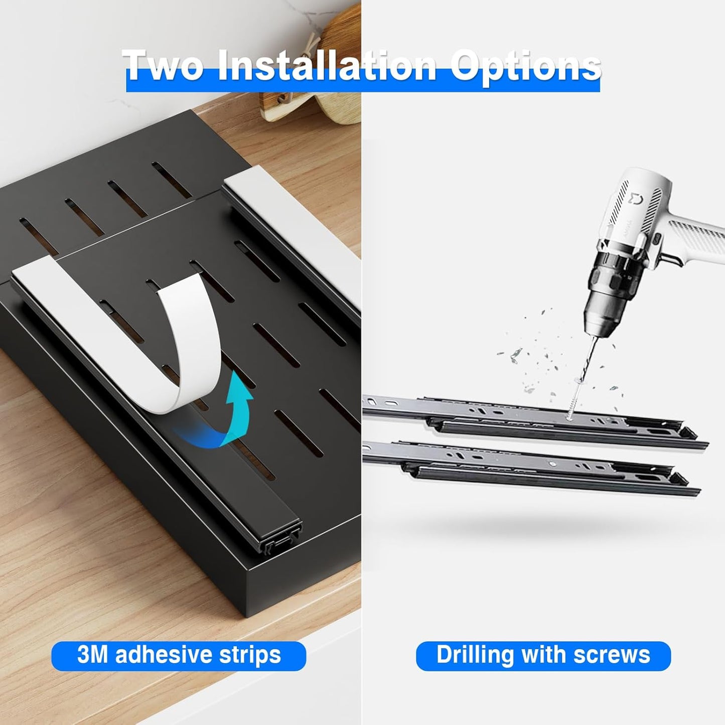 2 Pack Pull Out Cabinet Organizer,21.8" Deep Slide Out Drawer for Cabinets Adhesive Pull Out Drawers Heavy Duty Pull Out Shelves for Kitchen,Cupboard,Pantry,Bathroom-Black