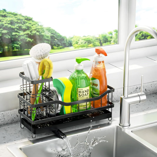 Sponge Holder for Kitchen Sink, Self-Draining Sink Caddy Organizer with Removable Brush Holder