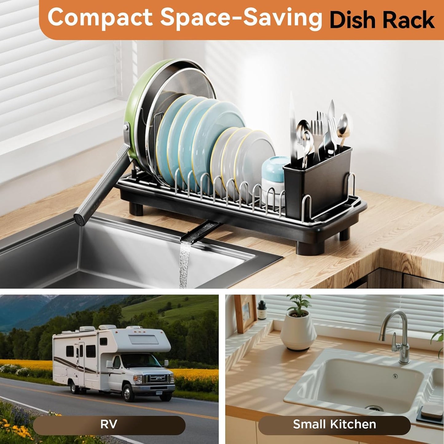 Small Dish Drying Rack, Compact Dish Drainer for Kitchen Counter, with Adjustable Back Slots