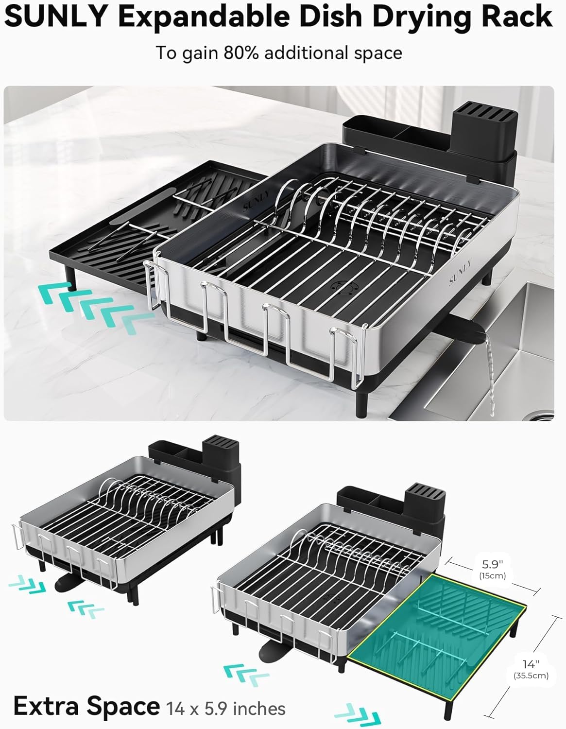 Large Dish Drying Rack, Expandable Dish Racks for Kitchen Counter