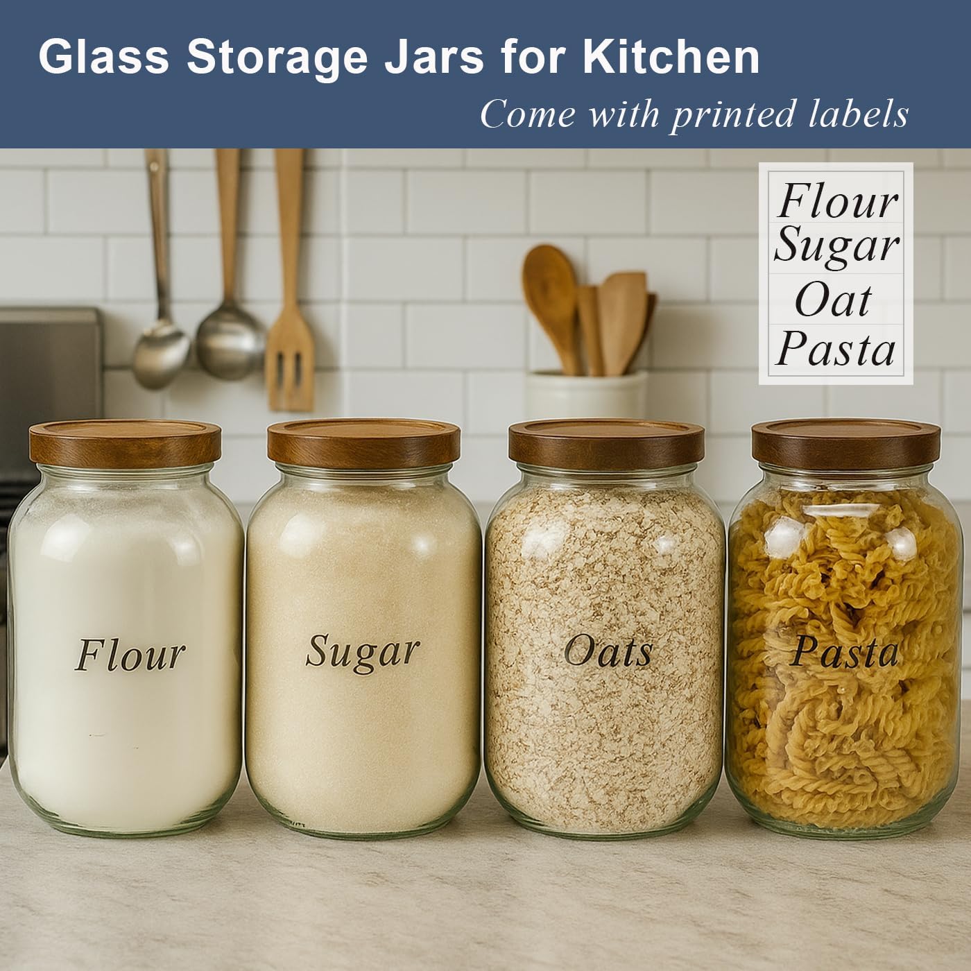 2 Pack Glass Flour Sugar Storage Containers with Acacia Wooden Lid