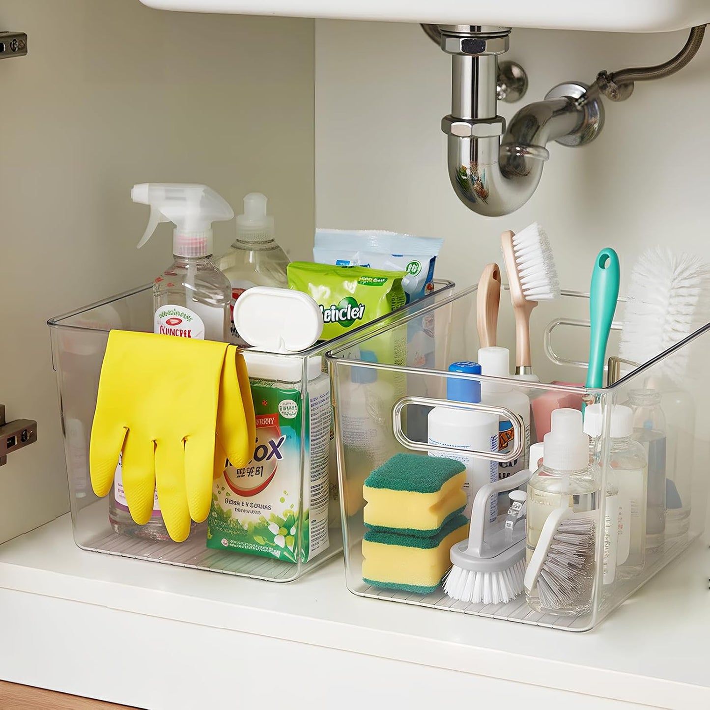 Clear Plastic Storage Bins, 4-Pack Stackable Pantry Organizers and Storage Containers for Kitchen