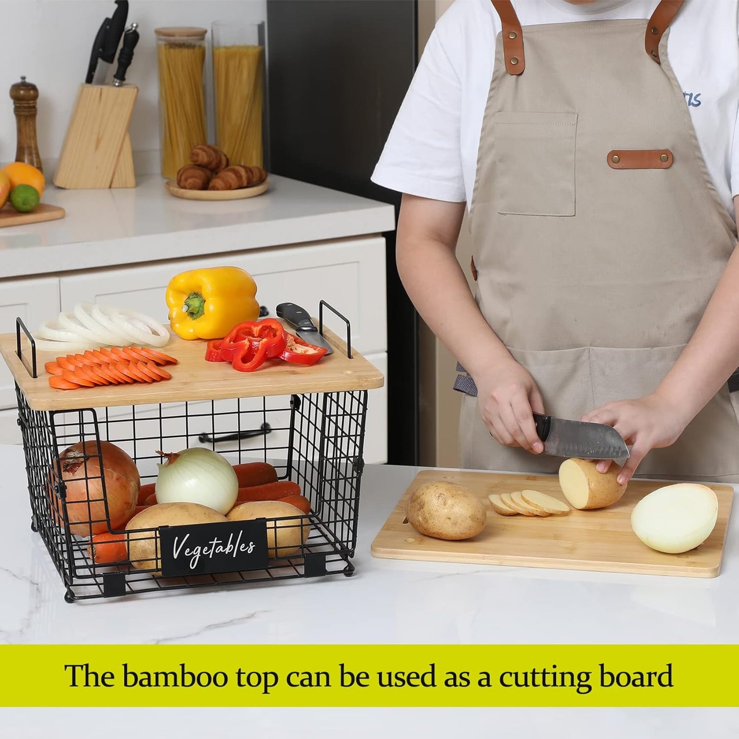 2 Set XXL Stackable Wire Basket with Bamboo Tops & Tag- Pantry Organizer and Storage Bins
