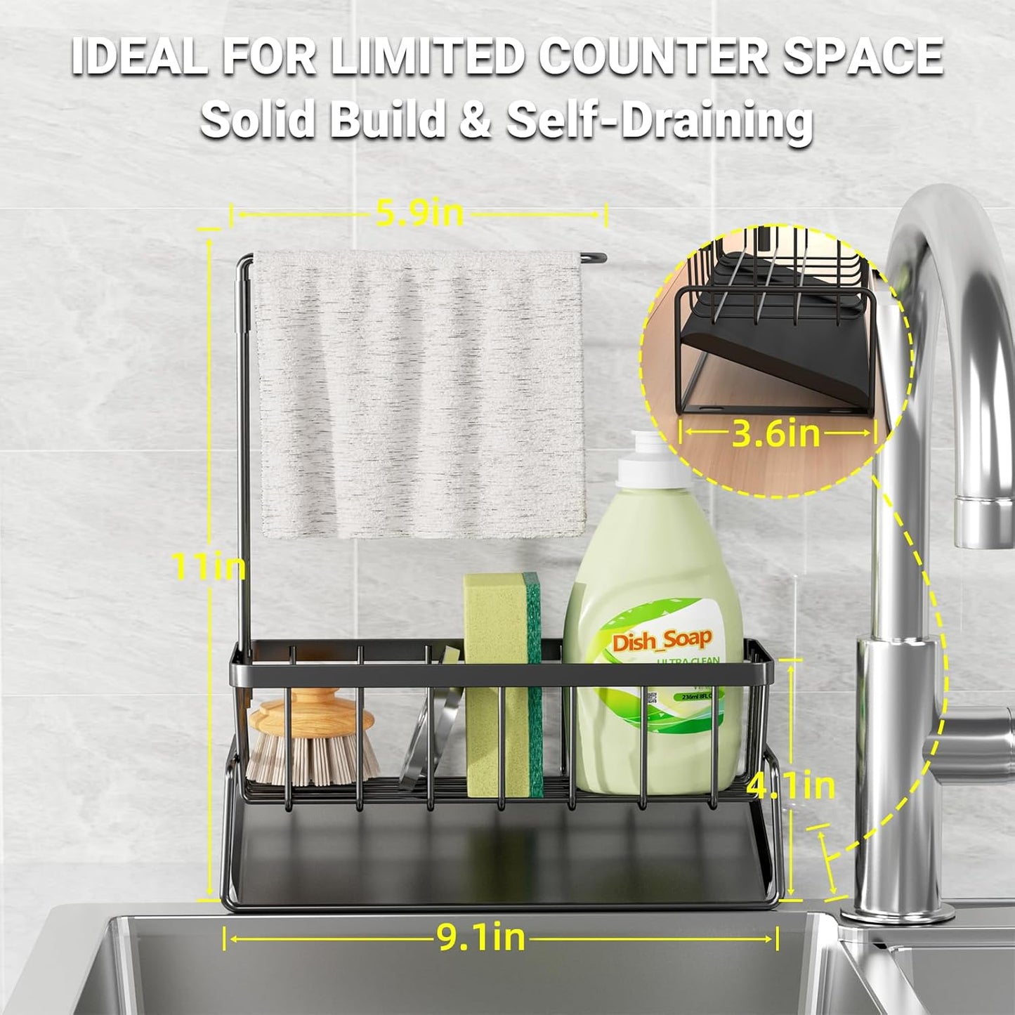 Sponge Holder for Kitchen Sink, Kitchen Sink Organizer with Towel Rack