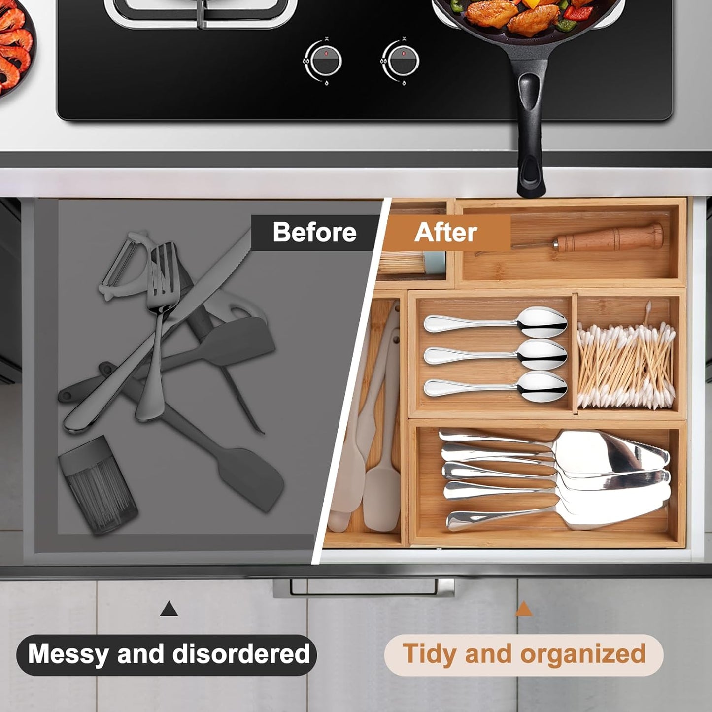 Bamboo Drawer Organizer 5 Pcs for Kitchen Multi-purpose Storage Dividers for Kitchen, Office