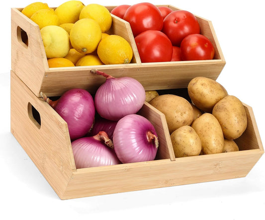 Bamboo Pantry Organizers and Storage Bins, 2 Set Stackable Baskets for Vegetables, Potatoes, Onion