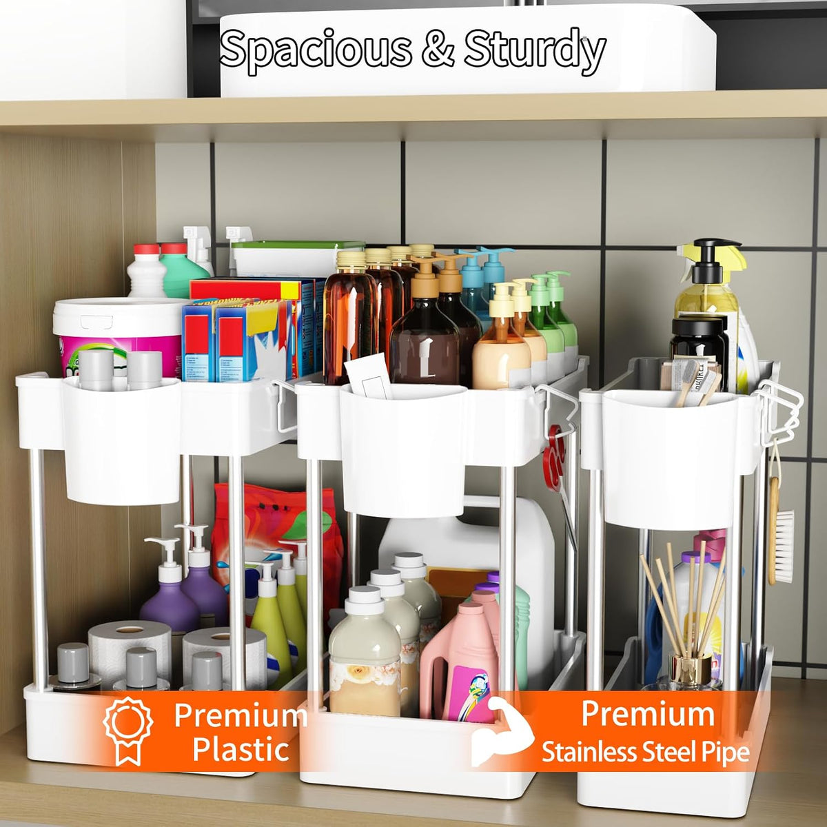 3 Pack Under Sink Organizer Bathroom and Storage Cabinet (Wh