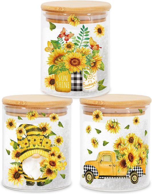 3Pcs Sunflower Glass Storage Jars with Airtight Lid Watercolor Floral Gnome Truck Candy Cookie Canisters Sets for Spring Summer Home Kitchen Countertop Decorations