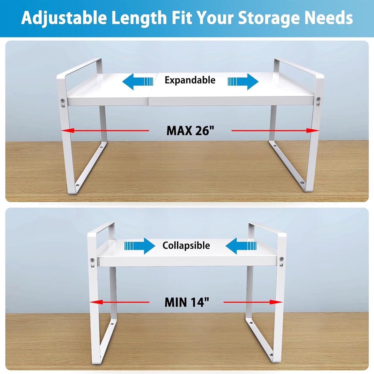 Expandable Cabinet Countertop Shelves, 11" Deep Cabinet Shelf Organizer Riser for Kitchen Pantry Cupboard Under Sink Countertop Organization Storage, Adjustable Metal Organizer Shelf with Nonslip Legs