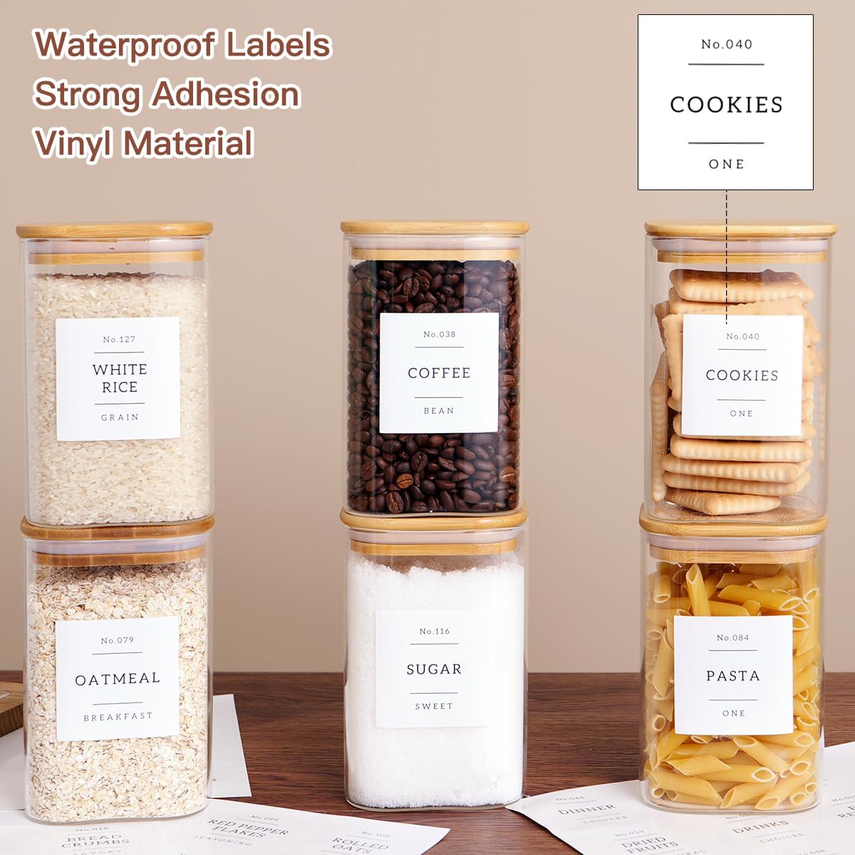 6 Pack Square Kitchen Storage Jars with Airtight Bamboo Lids and 132 Pantry Labels
