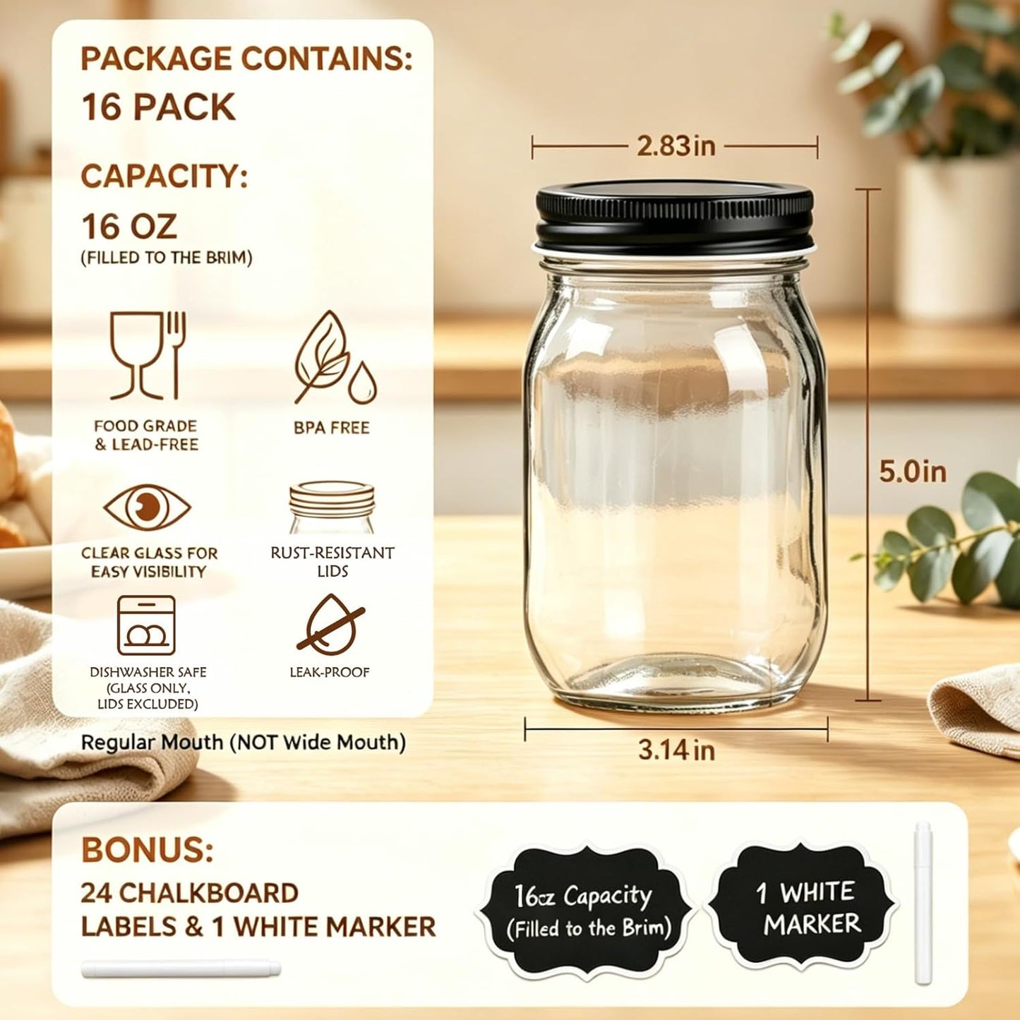 16 oz Glass Jars With Lids, Wide Mouth Mason Jars,Glass Storage Jars For Food,Canning Jars For Pickles,Herb,Jelly,Jams,Honey,Kitchen Canisters Dishware Safe 16 Pack