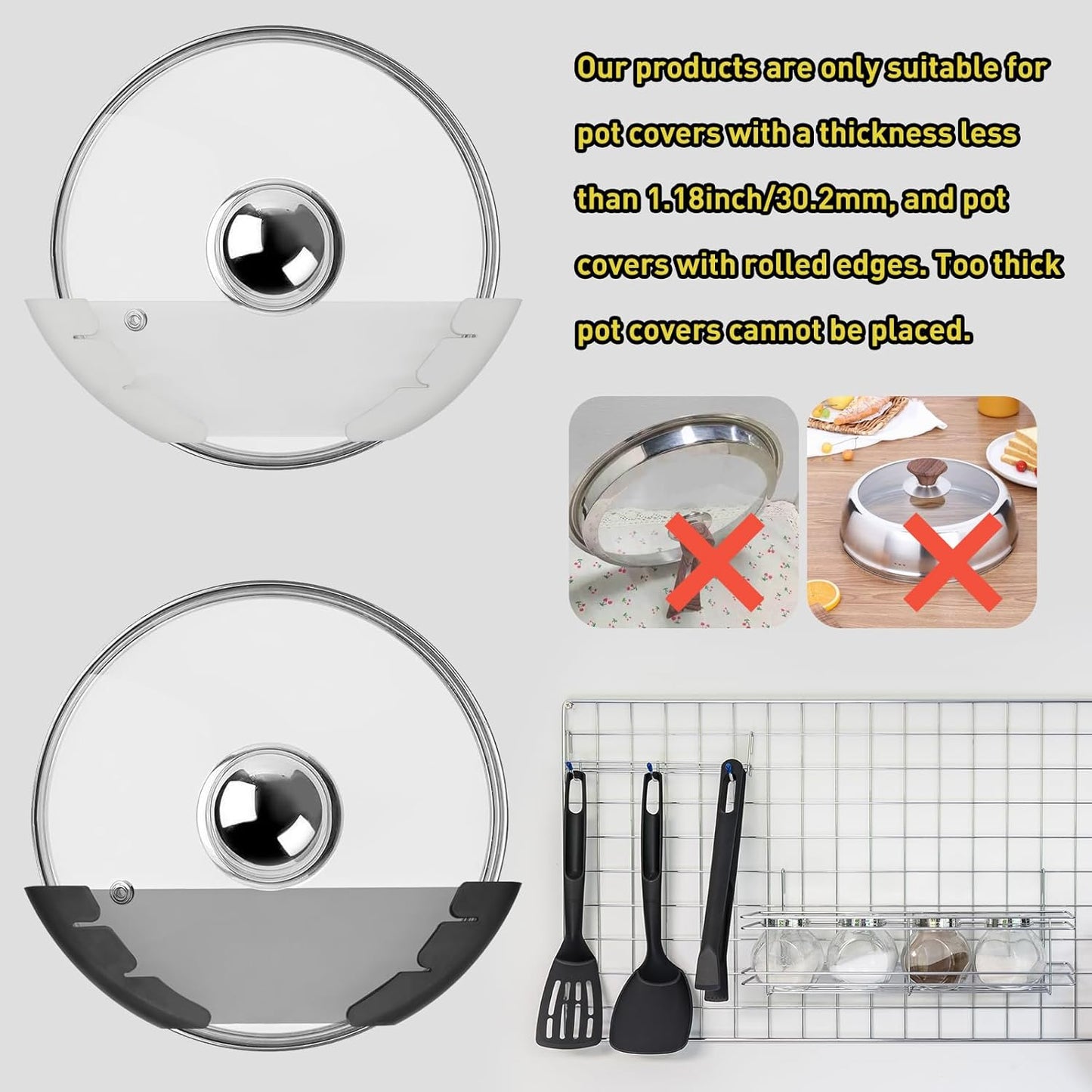 Universal Pot Lid Organizer for Cabinet, 5 Pcs Pan Lids Organizers Inside Cabinet Door Wall Mount Pots Top Storage Rack Holder for Kitchen, Fits 6" to 13.5" (5pcs white)