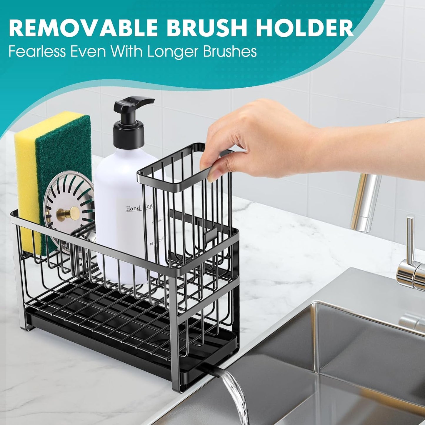 Kitchen Sponge Holder,Sink Caddy Organizer with High Brush Holder,Stainless Steel Sink Box Dish Scrubber Holder,Soap Tray for Kitchen Counter Accessories & Storage Rack(2 Tier - Black)