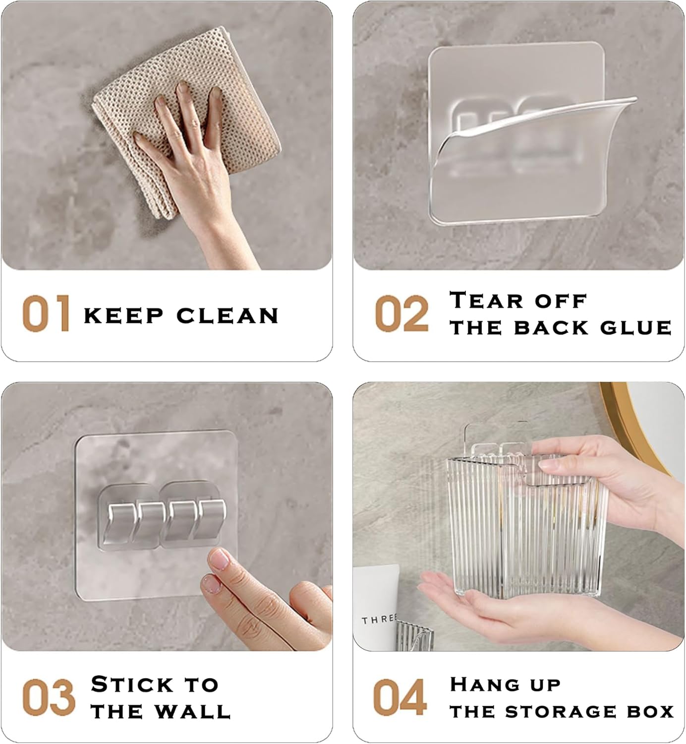 4 Pack Acrylic Wall Mount Organizer, Adhesive Cabinet Door Storage Bins, Clear Makeup Containers