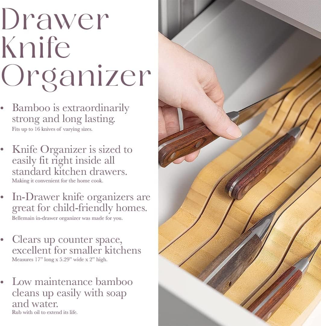 100% Pure Bamboo in Drawer Knife Block | 16 Knife Slots Knife Drawer Organizer | Store Knives Safely with The Blades Down | Storage Solution for Your Kitchen | Knife Organizer Drawer Insert