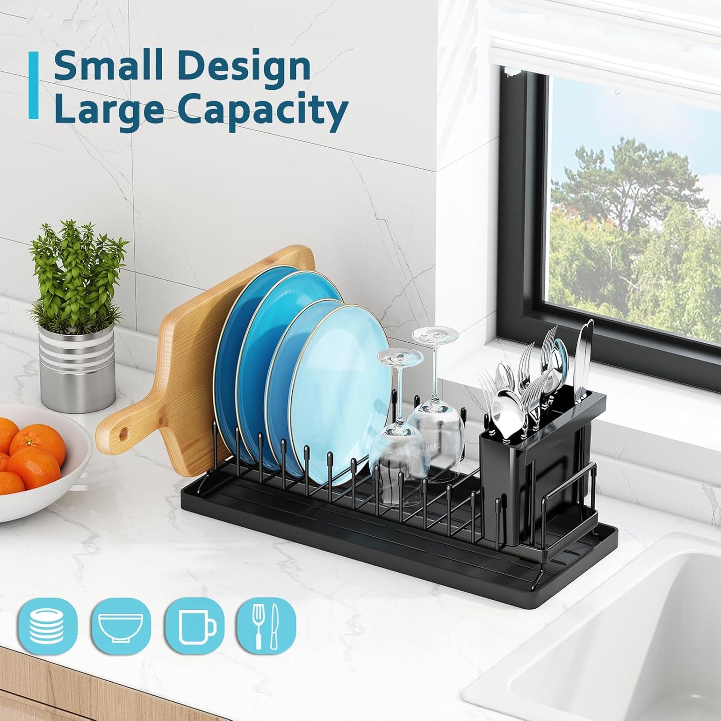 Small Dish Drying Rack - Compact Dish Rack for Kitchen Counter with Silicone Dish Drying Mat