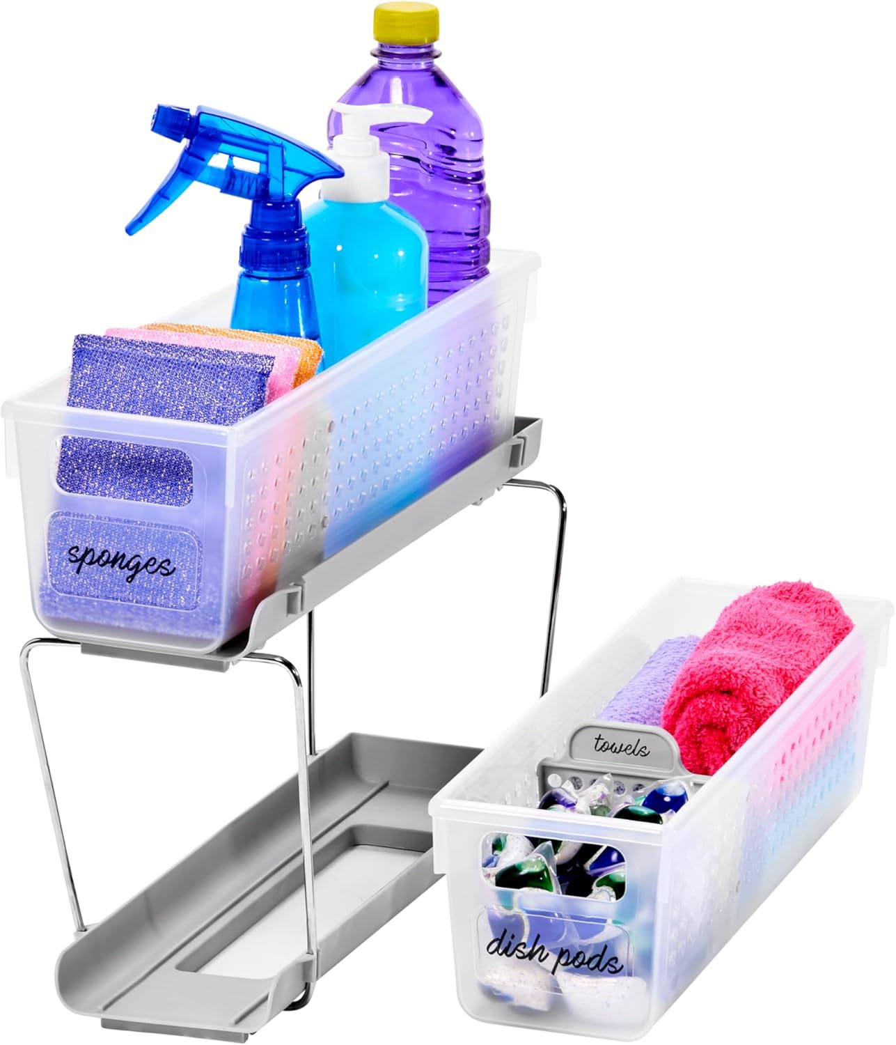 Mini 2-Tier Organizer, Multi-Purpose Slide-Out Storage with Handles and Dividers for Home and Bath
