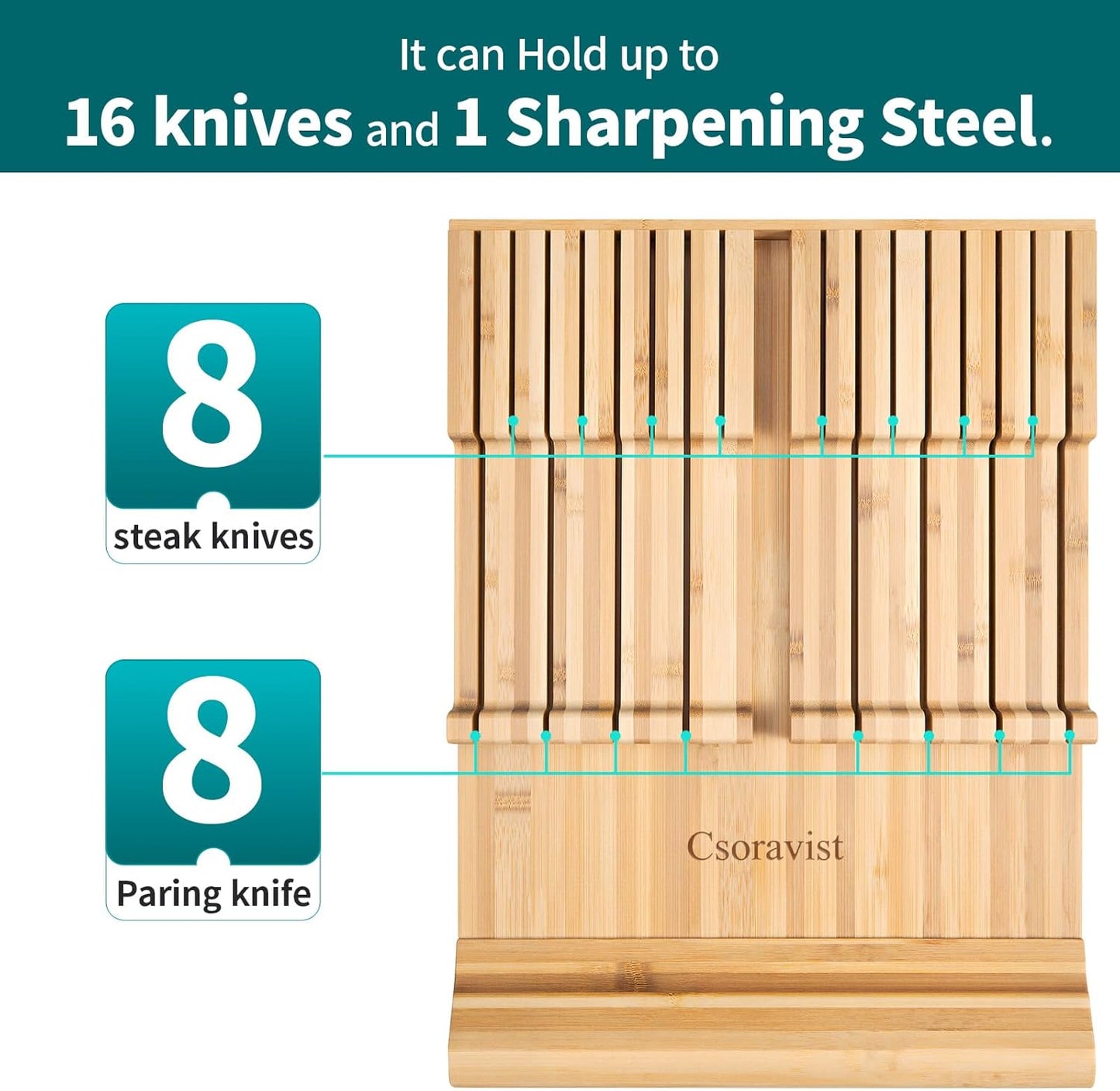 18PCS Bamboo In-Drawer Knife Block Organizer Set with Steak & Paring Knives