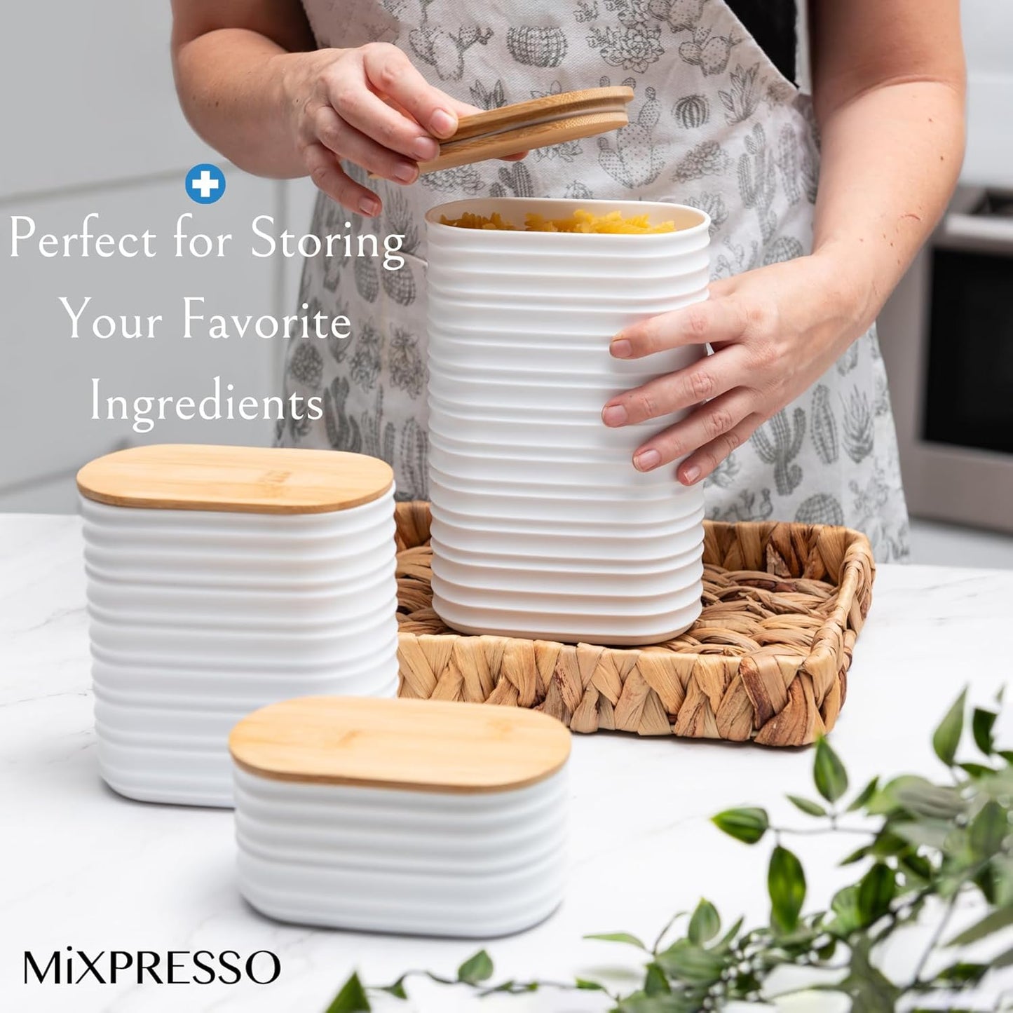 White Canisters Sets for the Kitchen – 3-Piece Airtight Plastic Sugar Container Set with Bamboo Lids in Three Different Sizes – Decorative Modern Storage Jars for Coffee, Tea & Countertops