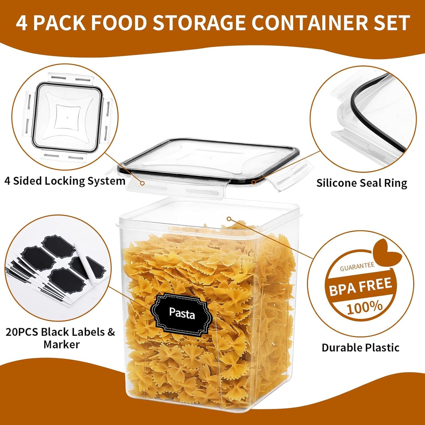 4 Pack Large Airtight Food Storage Containers with Lids (5.2L / 176oz)
