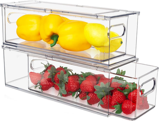 2 Pack Stackable Refrigerator Organizer Bins with Pull-out Drawer