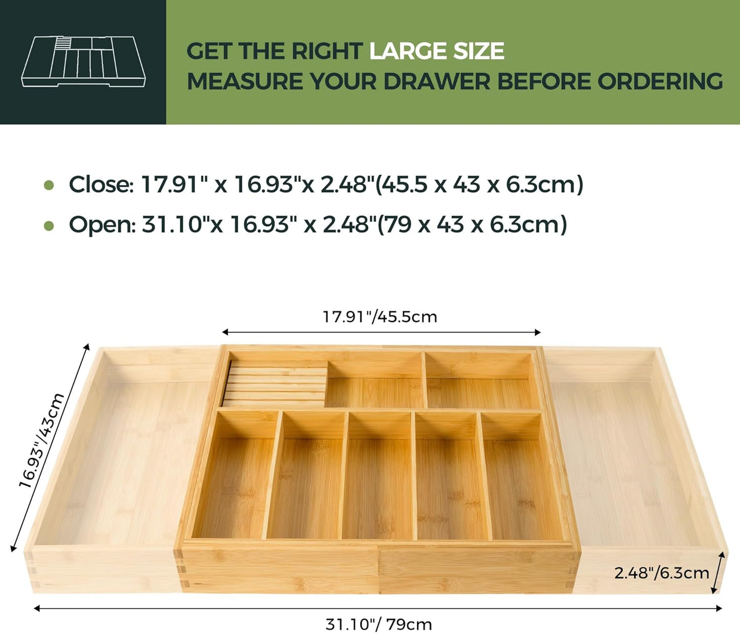 Extra Large Kitchen Utensil Holder, Bamboo Silverware Drawer Organizer