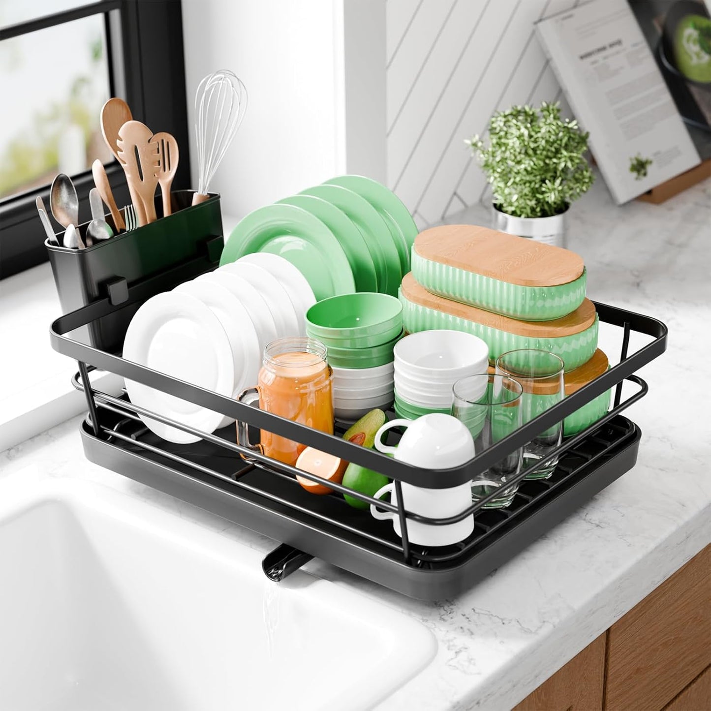 Dish Drying Rack - Compact Dish Rack with Utensil Holder & Adjustable Water Outlet