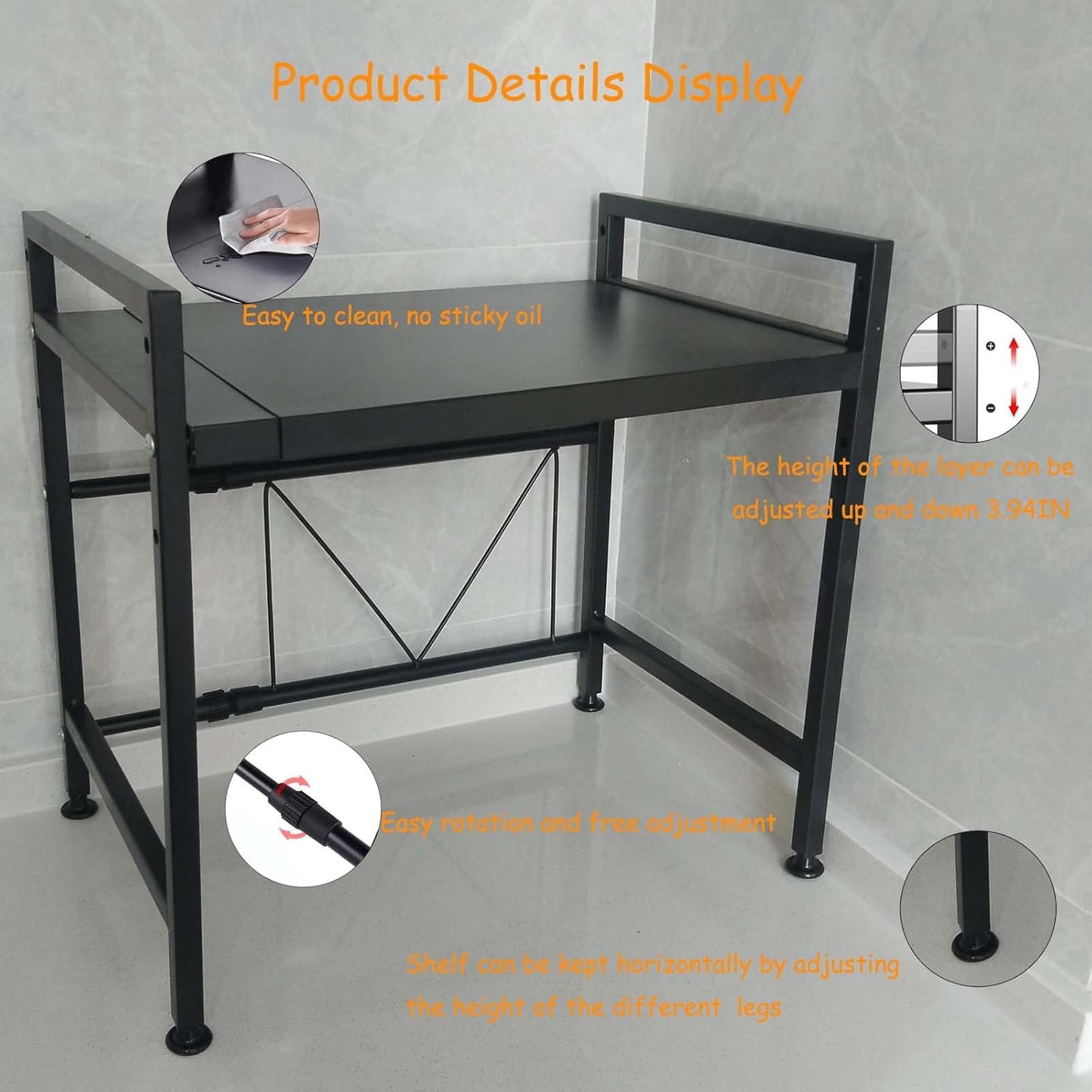 Microwave Oven Rack, Microwave stand,Adjustable Shelf with 6 Hooks Microwave Shelf, Microwave Rack, Extendable Kitchen Microwave Stand, Microwave Stand with Storage (shelf 001)