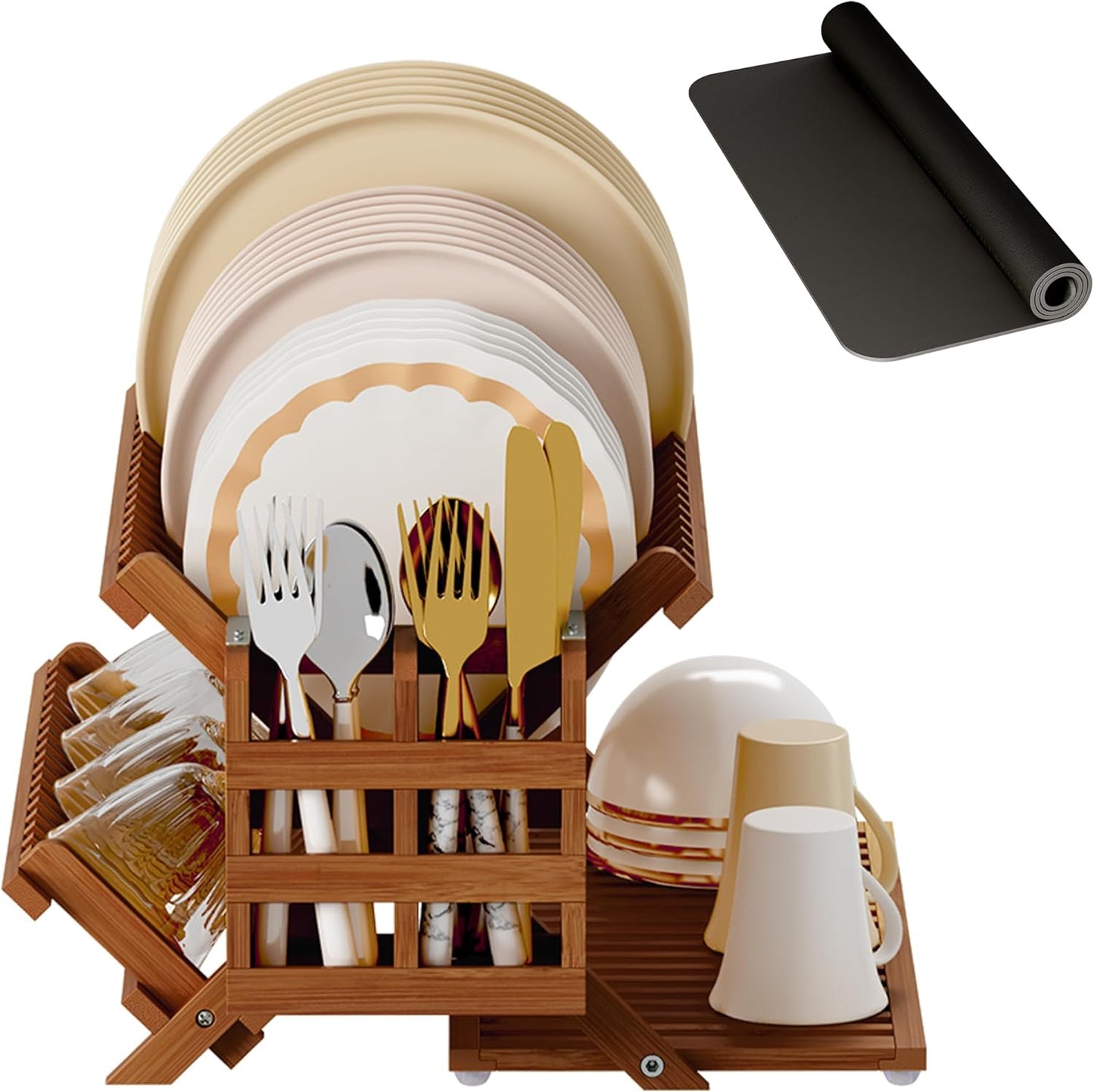 Teak Dish Drying Rack with Utensil Holder, 3 Tier Collapsible Dish Rack