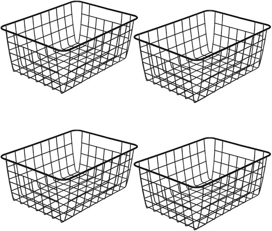 Wire Storage Baskets,Metal Wire Food Storage Organizer Bin Basket with Handles for Kitchen Cabinets, Pantry, Bathroom, Closets, Garage,Black 4 Pack