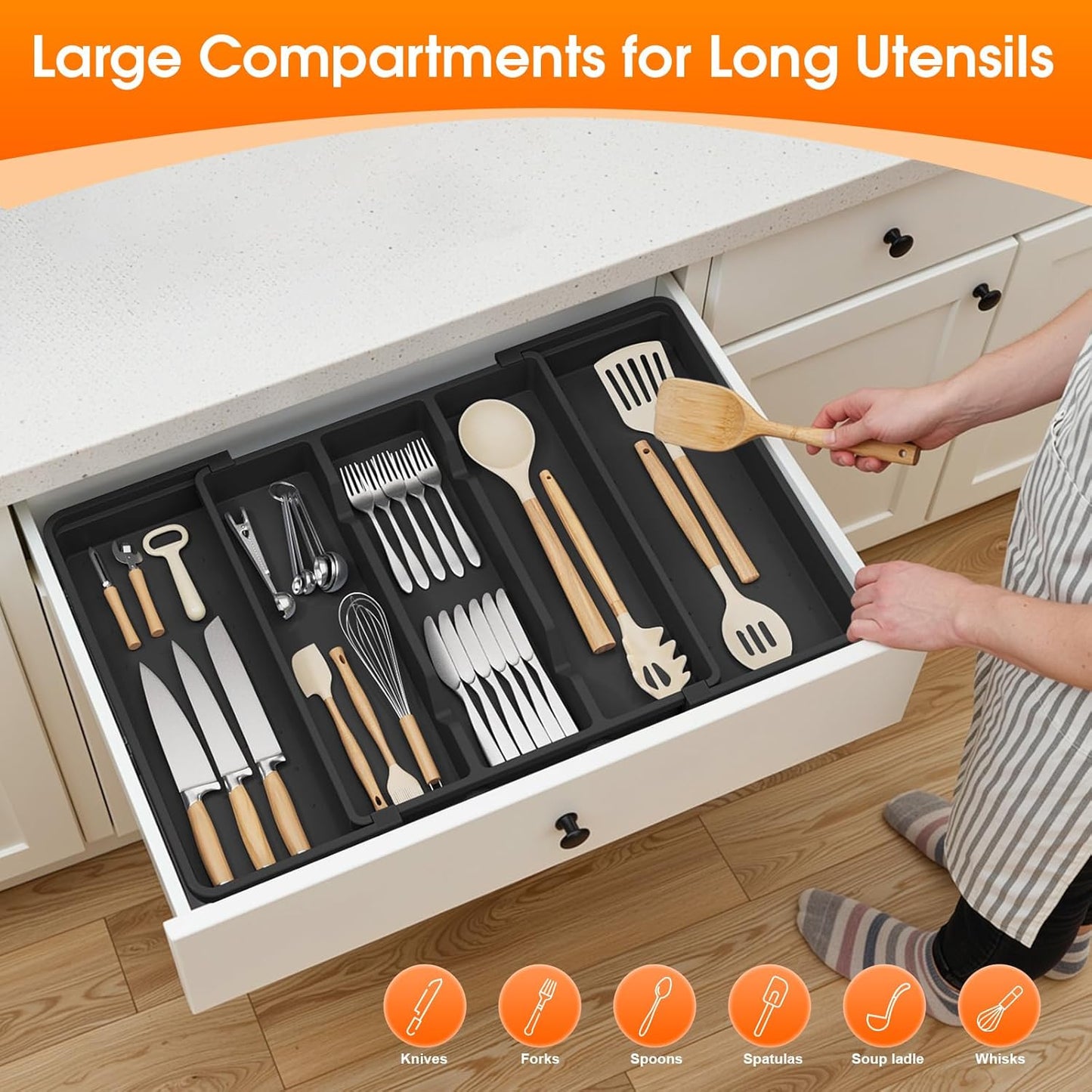 Large Silverware Organizer, Expandable Utensil Drawer Organizer for Kitchen Drawers