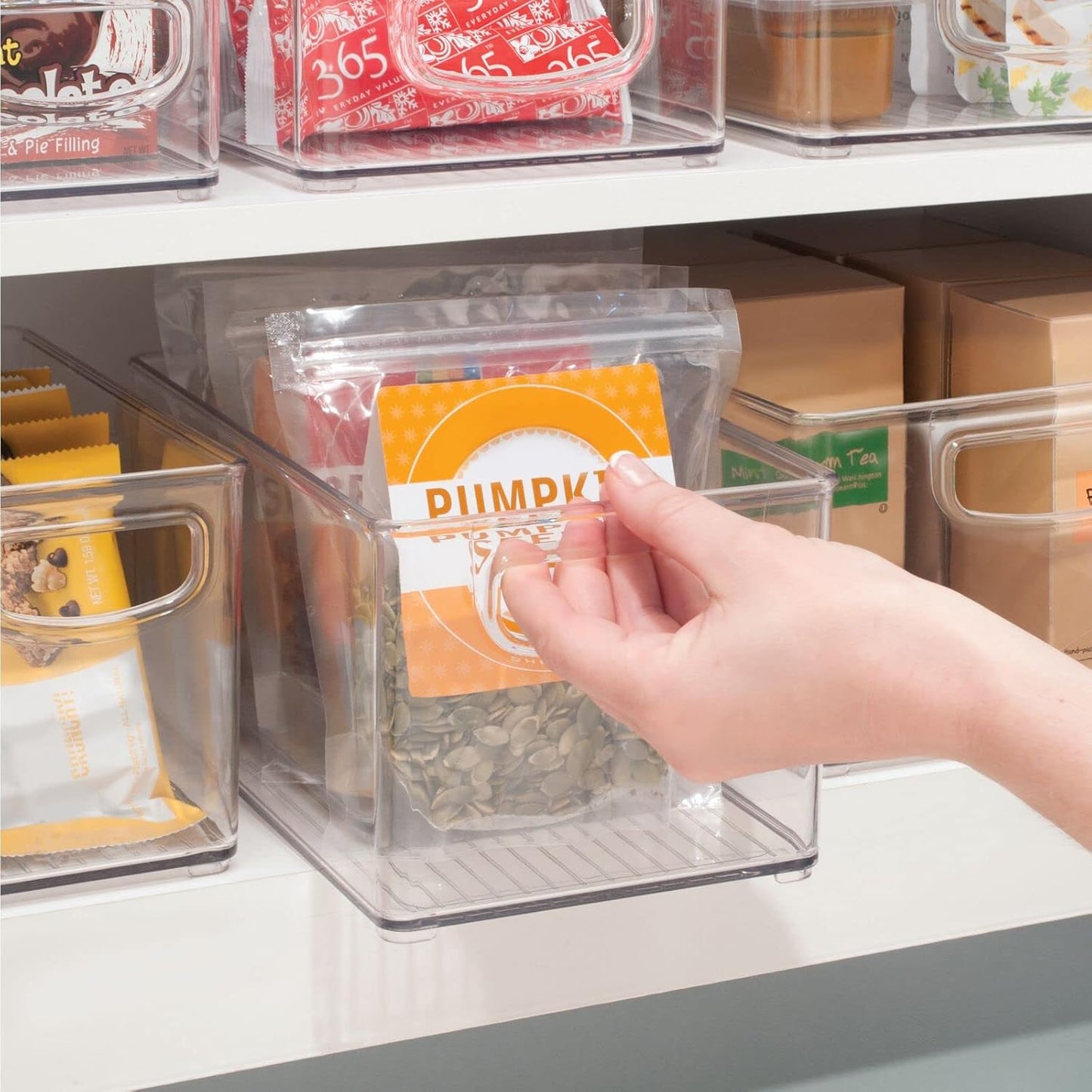 Plastic Stackable Kitchen Organizer - Storage Bin with Handles for Refrigerator, Freezer, Cabinet