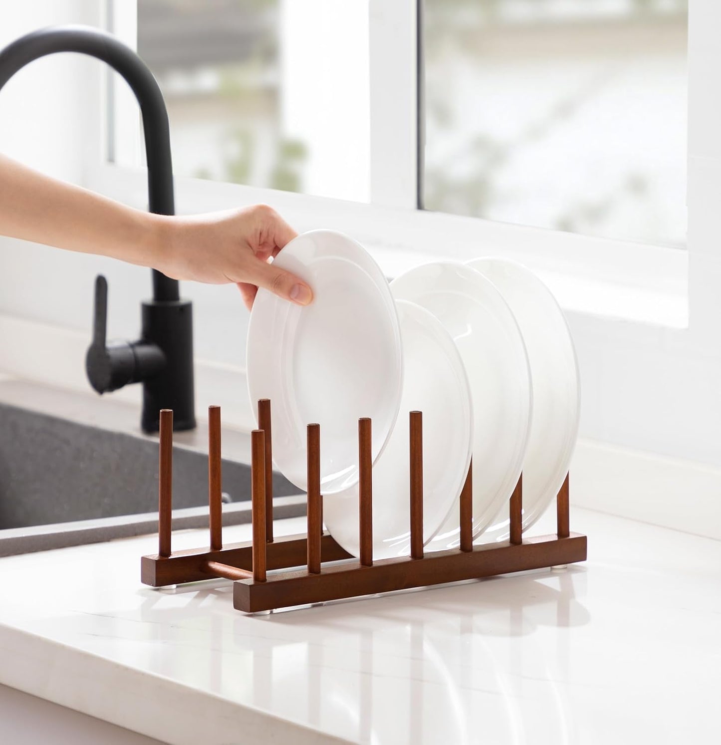 6 Slots Teak Dish Plate Bowl Cup Book Pot Lid Cutting Board Drying Rack Stand Drainer Storage Holder Organizer Kitchen Cabinet（Keep Dry）
