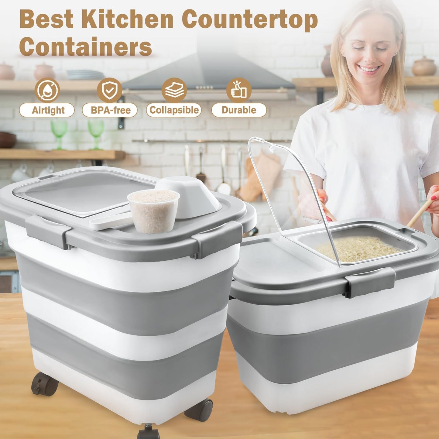 Rice Storage Container, Collapsible Airtight 10-40 Lb Rice Storage Container