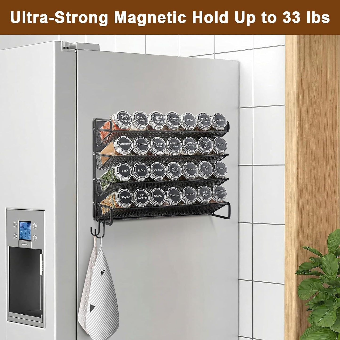Magnetic Spice Rack Organizer for Refrigerator with 28 Spice Jars, 386 Spice Labels, 4 Hook