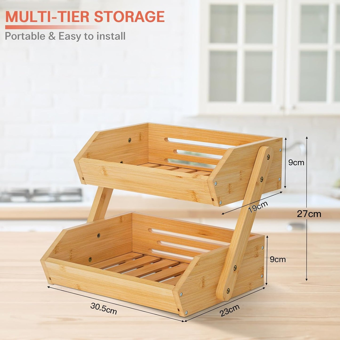 Large Bamboo Fruit Basket, 2-Tier Fruit Bowl for Kitchen Counter