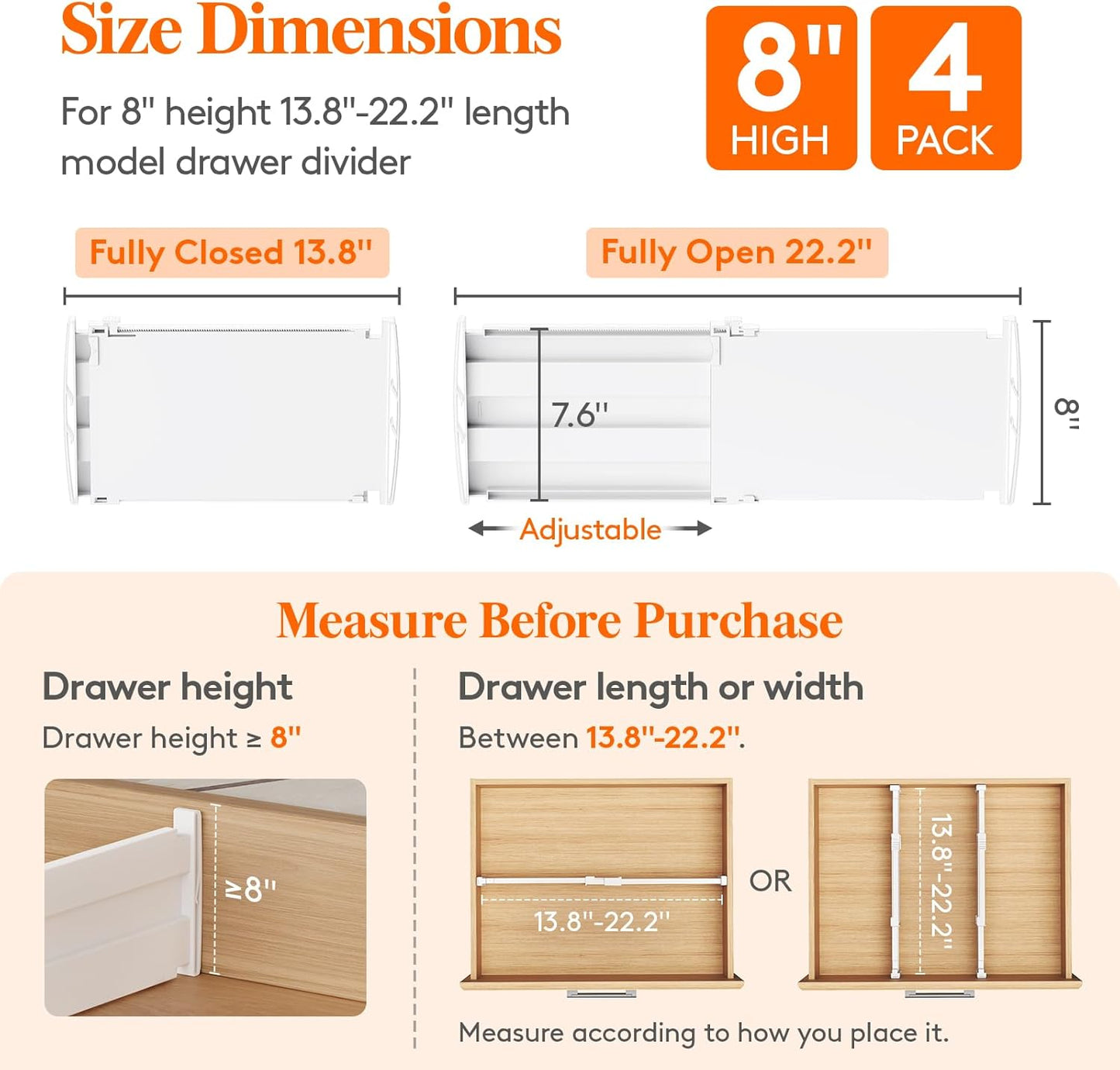 8" Tall 4 Pack Drawer Dividers, 35-56.5cm/13.8-22.2" Expandable Drawer Divider for Clothes