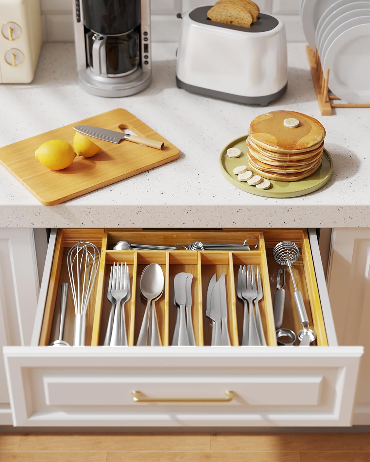 Silverware Organizer - Expandable Bamboo Kitchen Drawer Organizer for Cooking Utensils and Cutlery