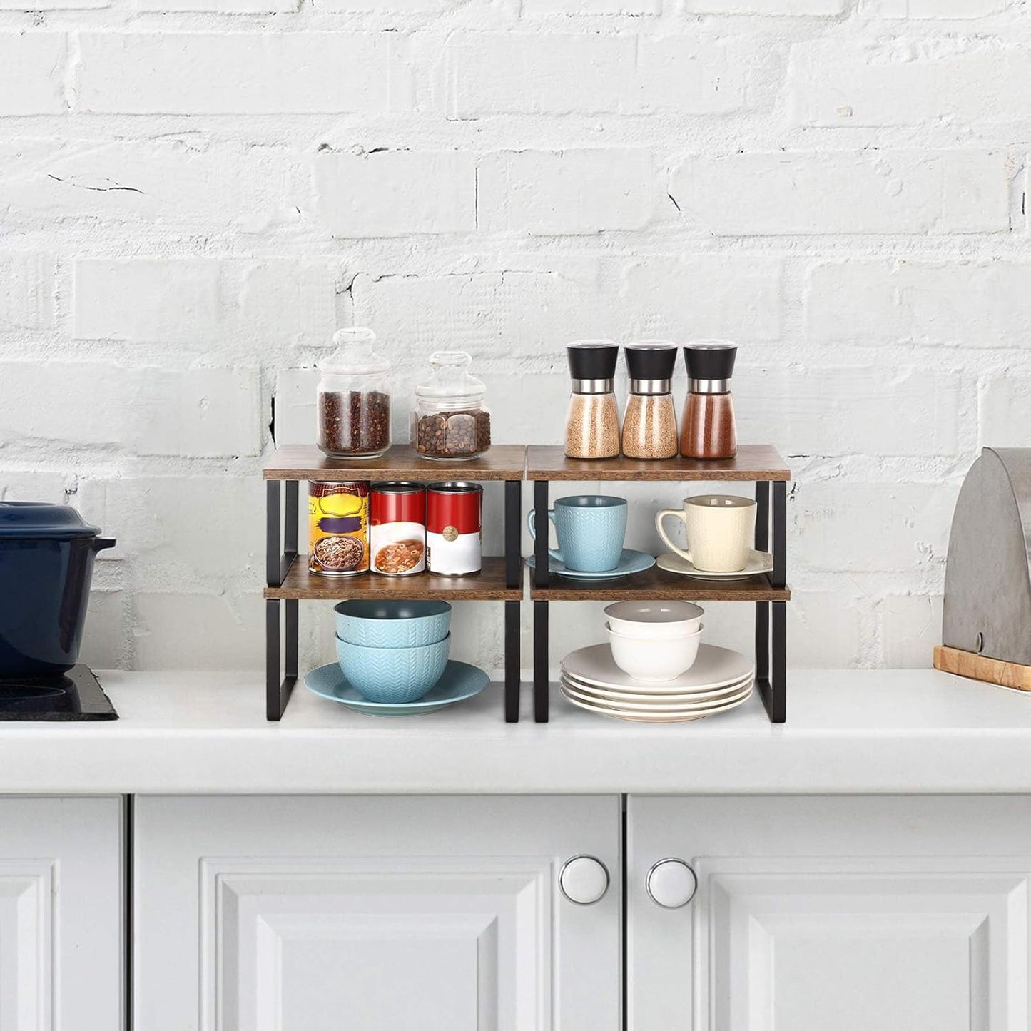 Kitchen Counter Cabinet Shelf Organizer Expandable Stackable Shelves Set of 4 Shelf Risers Small Counter Top Racks for Kitchen Cupboard Pantry, Brown