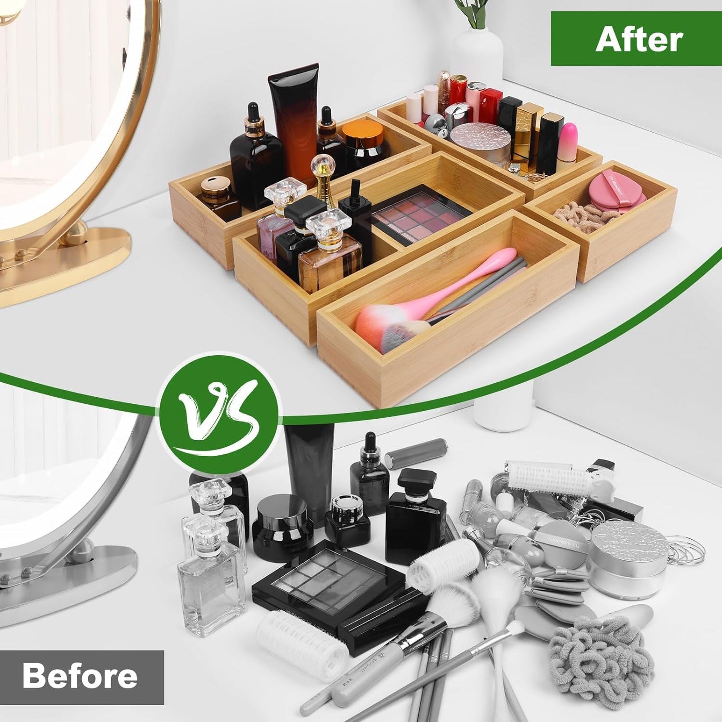 Bamboo Drawer Organizer Set, 5 PCS Multi-Use Individual Wood Storage Organizers