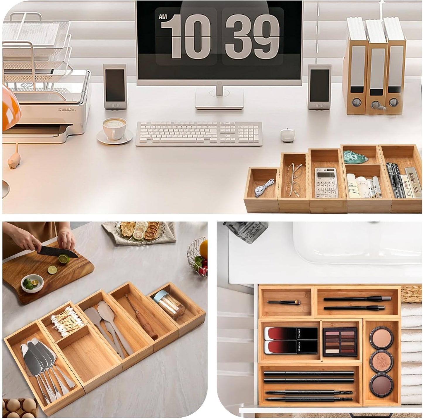 Bamboo Drawer Organizer 5 Pcs for Kitchen Multi-purpose Storage Dividers for Kitchen, Office