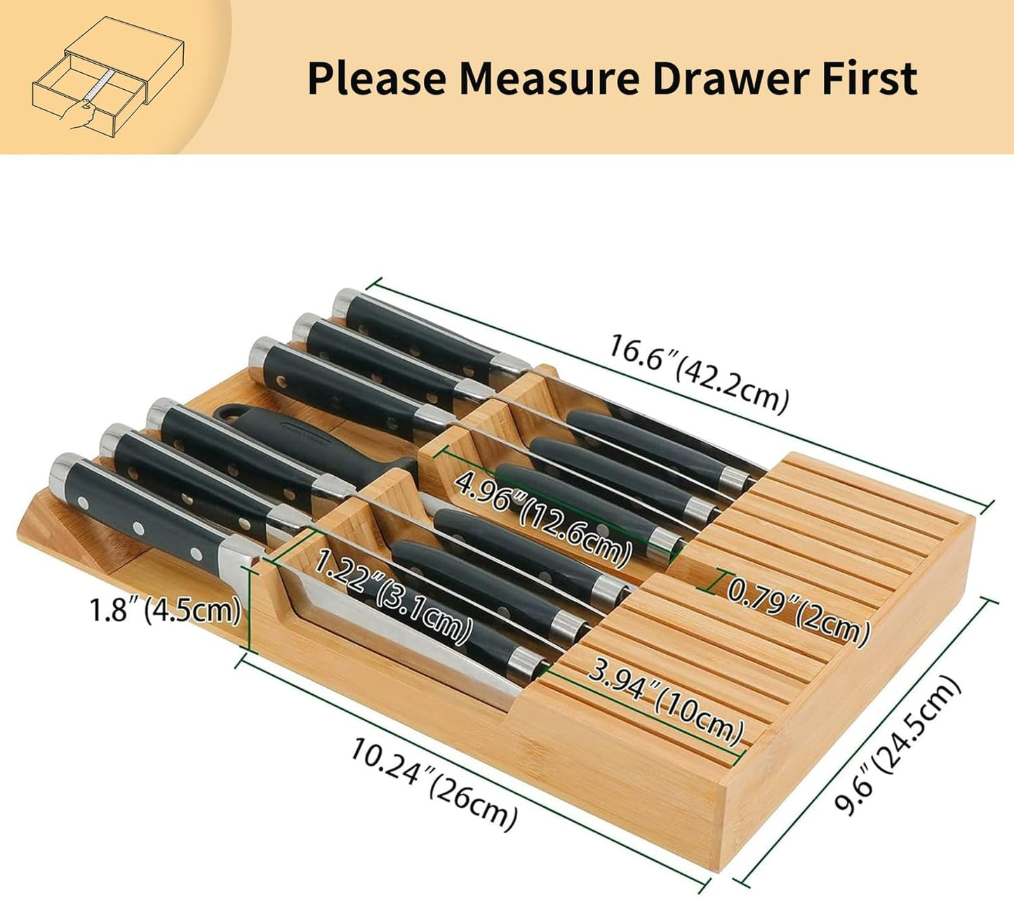 In-Drawer Knife Block Bamboo Kitchen Knife Drawer Organizer